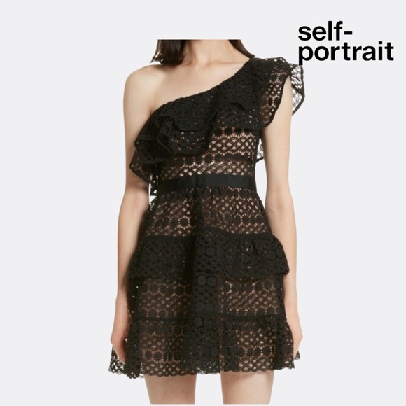 Self-Portrait Floral Chain Guipure Lace One-Shoulder Mini Dress – Black – Size 4 - Picture 1 of 6